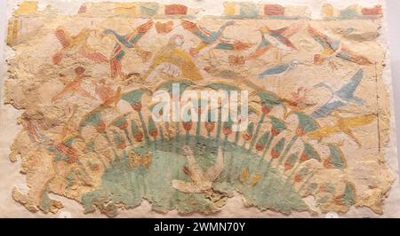 Antico dipinto murale egizio raffigurante scene nelle paludi del Nilo, circa 1550 a.C. Foto Stock