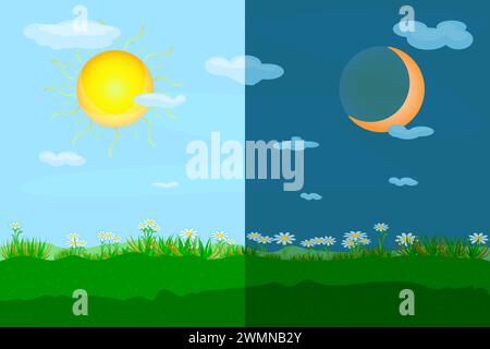 Paesaggio diurno e notturno con prato. Sole e luna come vernal o autunnale, giorno di equinozio primaverile. Giorno e notte con luna e sole. Previsioni del tempo. Vettore Illustrazione Vettoriale