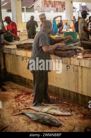 Un commerciante prepara il pesce al suo banco nel Darajani Market, o al mercato del pesce, a Stone Town, Zanzibar, Tanzania. Foto Stock