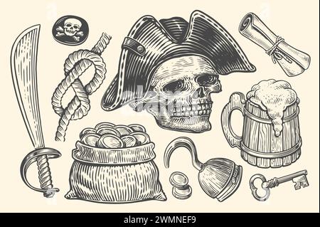 Concetto di pirateria, set di elementi. Illustrazione vettoriale dello schizzo disegnata a mano in stile incisione Illustrazione Vettoriale