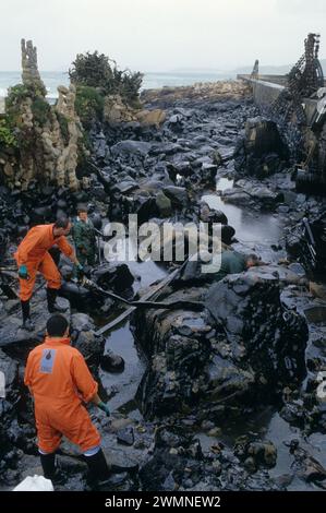 La fuoriuscita di petrolio della Prestige si è verificata al largo delle coste della Galizia, Spagna, nel novembre 2002, a causa dell'affondamento di un petrolio di 26 anni, strutturalmente carente Foto Stock