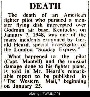 UFO - pilota di caccia statunitense ucciso dal Flying Saucer Encounter in Kentucky, USA nel gennaio 1948 alla base aerea Godman Foto Stock