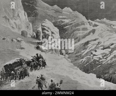 Asturie, Spagna. Puerto de Pajares (porto di Pajares). Guidare il carro postale trainato da cavalli durante una tempesta di neve. Incisione di Rico. La Ilustración Española y americana (The Spanish and American Illustration), 1878. Foto Stock