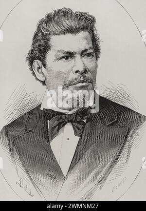 Ignacio Manuel Altamirano (1834-1893). Scrittore messicano, militare e politico. Verticale. Disegno di Badillo. Incisione di Penoso. La Ilustración Española y americana (The Spanish and American Illustration), 1878. Foto Stock