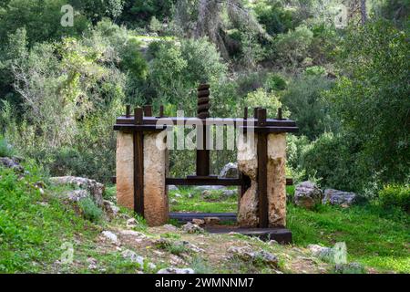 Antico Olivepress per l'estrazione dell'olio d'oliva fotografato nelle colline di Gerusalemme, Beit Shemesh, Israele Foto Stock