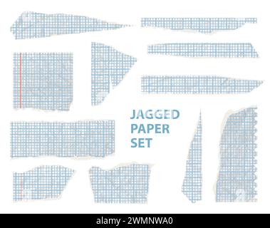 Carta strappata per notebook, fogli tagliati con griglia quadrata, collage ritagliato. Cartone bianco con griglia realistica. Illustrazione vettoriale di Illustrazione Vettoriale
