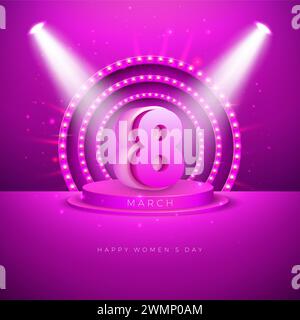 8 marzo Happy Women's Day Illustration. Design vettoriale per la giornata internazionale delle donne con podio e lampadine su sfondo rosa. Tema della giornata della donna Illustrazione Vettoriale