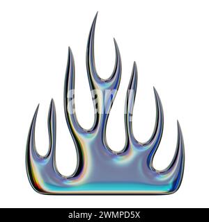Fiamma 3D. Elemento Y2K alla moda. Colorata e iridescente forma a fuoco acceso con effetto cromo lucido. Rendering 3D. Illustrazione isolata. Foto Stock