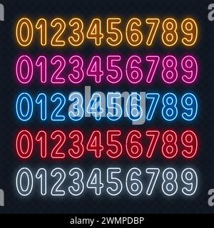 Set di numeri neon in colori diversi. I colori includono rosso, giallo, blu, rosa e bianco. Illustrazione Vettoriale