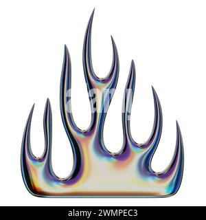 Fiamma 3D. Elemento Y2K alla moda. Colorata e iridescente forma fuoco fiammeggiante con effetto gradiente lucido. Rendering 3D. Illustrazione isolata. Foto Stock
