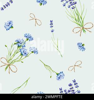 Bouquet di fiori di corno blu e illustrazione di lavanda isolata sullo sfondo. Dettaglio dei prodotti di bellezza e del set botanico, cosmetologia Foto Stock