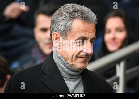 L'ex presidente francese Nicolas SARKOZY durante la partita di campionato francese di Ligue 1 tra il Paris Saint-Germain e lo Stade Rennais (Rennes) il 25 febbraio 2024 allo stadio Parc des Princes di Parigi, in Francia Foto Stock