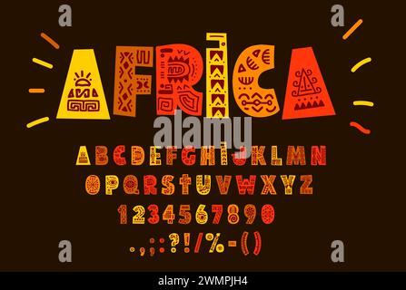 Caratteri africani, caratteri etnici folk o tipo tribale di alfabeto inglese nativo, lettere vettoriali e simboli. Font tipografico africano con ornamento d'arte tribale, testo cartoni animati ABC e segni tipografici Illustrazione Vettoriale
