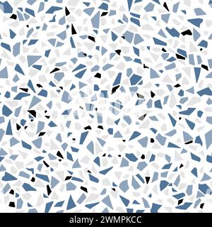 Motivo piastrelle a mosaico in terrazo grigio, blu e nero, fondo in pietra terazo, pavimento in ceramica terazzo. Accattivante ornamento vettoriale, caratterizzato da una vibrante miscela di marmo, granito e trucioli di vetro Illustrazione Vettoriale