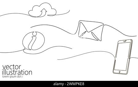 Smartphone ART a linea continua singola. Gadget touch screen per telefono cellulare tecnologia moderna design bagliore blu neon uno schizzo delinea disegno illu vettoriale Illustrazione Vettoriale