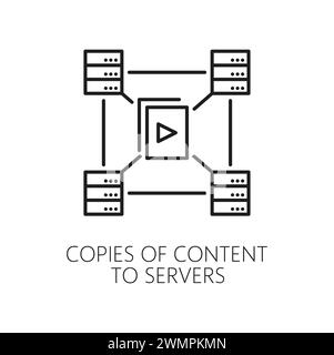 Copie dei contenuti sui server. CDN, l'icona della rete per la distribuzione dei contenuti delle tecnologie web vettoriali. Sistema di distribuzione CDN di file multimediali, documenti o software di cartellonistica sottile con server proxy del data center Illustrazione Vettoriale