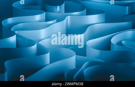 Motivo senza cuciture di nastri blu lisci e fluenti con finitura lucida, rendering 3d. Foto Stock