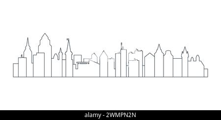 Sagome della città, linee nere dello skyline del centro con edifici tetti di varie forme illustrazioni vettoriali Illustrazione Vettoriale