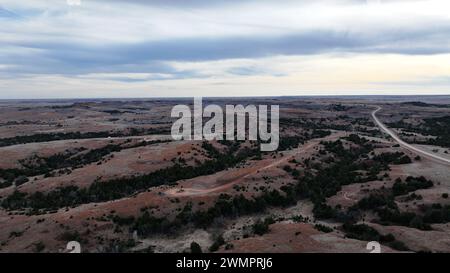 Vista aerea di un paesaggio desertico con una strada che attraversa, creando un contrasto sorprendente Foto Stock