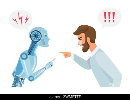 Litiga e combatti tra uomo e robot, punto esclamativo e fulmini nell'illustrazione vettoriale delle bolle vocali Illustrazione Vettoriale