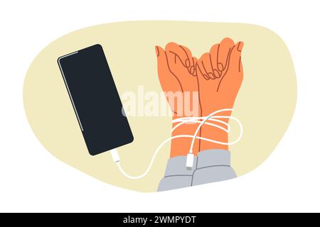 Le mani in ostaggio digitale sono legate con le cuffie del telefono cellulare, dipendenza dai social network Illustrazione Vettoriale