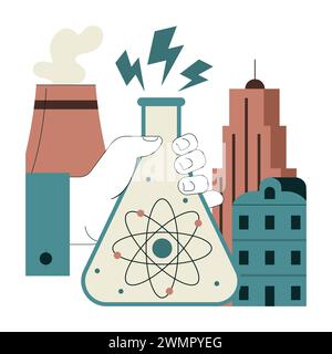 Combustibile fossile. Integrazione dell'energia atomica o nucleare nelle città moderne. Generazione di energia rinnovabile in reattori nucleari. Illustrazione vettoriale piatta Illustrazione Vettoriale