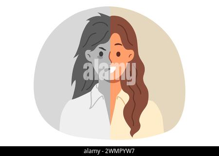 Differenza emotiva di fronte a una donna che soffre di un improvviso cambiamento di umore o di una personalità divisa Illustrazione Vettoriale