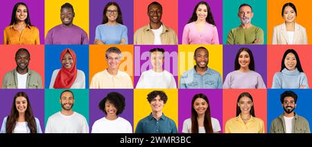 Un allegro mosaico di persone di età ed etnie diverse, che indossano abiti contemporanei Foto Stock