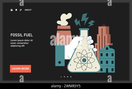 Rete di combustibili fossili o atterraggio. Integrazione dell'energia atomica o nucleare nelle città moderne. Generazione di energia rinnovabile in reattori nucleari. Illustrazione vettoriale piatta Illustrazione Vettoriale