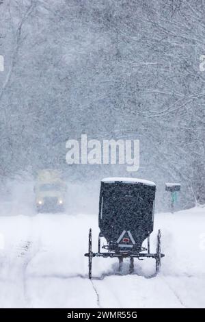 Buggy Amish e camion per consegne su strada di campagna durante una tempesta di neve nella contea di Mecosta, Michigan, Stati Uniti Foto Stock