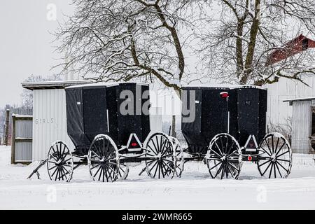 Carrozze Amish parcheggiate di fronte a una scuola con una sola stanza nella contea di Mecosta, Michigan, Stati Uniti [Nessuna liberatoria di proprietà; solo licenze editoriali] Foto Stock