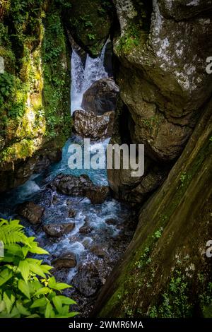 Splendido e selvaggio ambiente delle gole di Tolmin nel parco nazionale del fiume Soca, nel cuore delle Alpi slovene, con profondi canyon di pietra ricoperti di Foto Stock