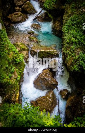 Incredibile paesaggio roccioso e canyon del fiume Soca nel parco nazionale dei monti Triglav, nel profondo delle Alpi slovene nascoste nella fitta vegetazione Foto Stock