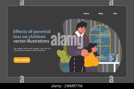 Perdita dei genitori sul web o sull'atterraggio dei bambini. Un tenero momento di forza familiare, affrontando la perdita insieme. Illustrazione vettoriale piatta. Illustrazione Vettoriale