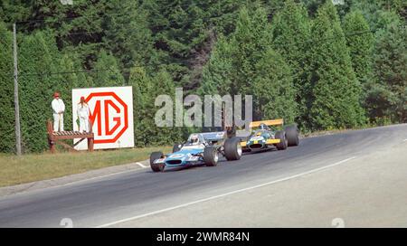 Jackie Stewart su una Matra Ford Cosworth, partì 4° DNF e Jacky Ickx su una Brabham Ford Cosworth, partì 1° e terminò 1° al Gran Premio di Formula 1 Mosport 1969 Foto Stock