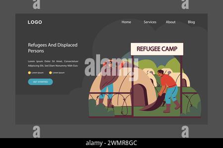 Scena di crisi umanitaria. Gli individui in un campo profughi cercano rifugio e sicurezza. La dura realtà dello sfollamento e della ricerca di rifugio. Illustrazione vettoriale piatta. Illustrazione Vettoriale
