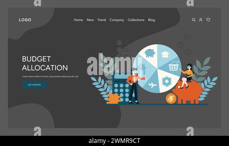Concetto di allocazione del budget. Distribuzione efficiente delle risorse finanziarie, garantendo una salute fiscale ottimale. I finanziamenti strategici in vari settori hanno dimostrato. Illustrazione vettoriale piatta Illustrazione Vettoriale