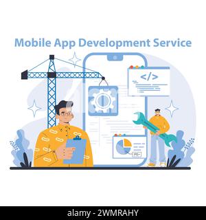 Concetto di servizi Internet. Servizio di sviluppo di app mobili. Creazione di applicazioni mobili innovative con design e funzionalità incentrate sull'utente. Soluzioni personalizzate per diverse piattaforme. Illustrazione Vettoriale