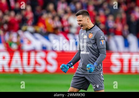 Rafal Gikiewicz di Widzew celebra un gol durante la partita polacca di PKO Ekstraklasa League tra Widzew Lodz e Gornik Zabrze allo stadio municipale di Widzew Lodz. Punteggio finale; Widzew Lodz vs Gornik Zabrze 3:1. Foto Stock