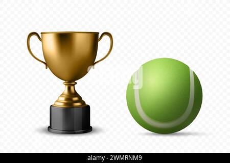 Icona Vector 3d Realistic Blank Golden Champion Cup con dettaglio del set di palle da tennis isolato. Modello di progettazione di trofei da campionato per il concetto di sport Illustrazione Vettoriale