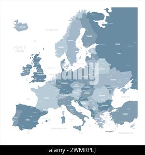 Carta politica dell'Europa. Mappa vettoriale di colore blu con capitale e importanti città dei paesi europei e corpi d'acqua intorno al continente. Illustrazione Vettoriale