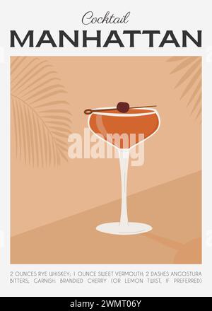 Manhattan Classic cocktail guarnito con ciliegia al maraschino. Stampa artistica su parete ricetta classica per bevande alcoliche. Poster dell'aperitivo estivo. Minimalista Illustrazione Vettoriale