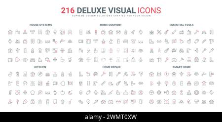 Casa intelligente, elettrodomestici da cucina, strumenti di riparazione e manutenzione, set di icone delle linee di attrezzature. Controllo remoto di dispositivi, tecnologia dell'Internet delle cose, illustrazione vettoriale con simboli neri e rossi sottili Illustrazione Vettoriale