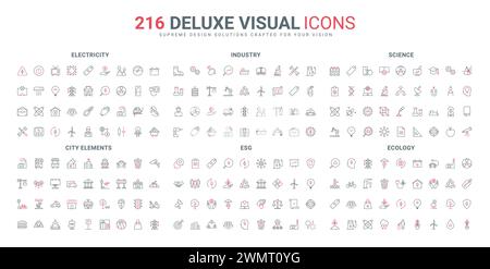 ESG, scienza, governance e supporto giuridico per la protezione ambientale, set di icone delle linee di consumo di energia elettrica. Energia verde, tecnologia di riciclo, ordinamento di sottili simboli neri e rossi illustrazione vettoriale Illustrazione Vettoriale