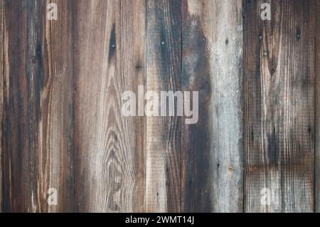 Vecchie tavole di legno scuro rustico marrone. Sfondo in legno vecchio. Vecchia recinzione di legno. Struttura delle vecchie tavole intemprate. Sfondo retrò. Grigio scuro Foto Stock