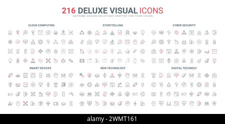 Tecnologia di rete digitale, storytelling, set di icone della linea di sicurezza. Protezione informatica da phishing e virus, dispositivi per giochi online e immagini vettoriali sottili con simboli neri e rossi Illustrazione Vettoriale