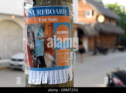 Cartelli per una tavola da surf in vendita nella zona di la Punta a Puerto Escondido, Oaxaca, Messico Foto Stock