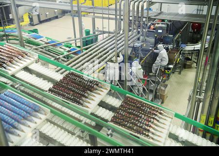 TAICANG, CINA - 27 FEBBRAIO 2024 - gli operai lavorano sulla linea di produzione del primo gelato al mondo "Lighthouse Network", il prodotto di Unilever Wall Foto Stock