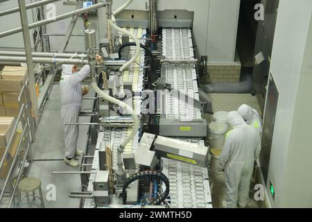 TAICANG, CINA - 27 FEBBRAIO 2024 - gli operai lavorano sulla linea di produzione del primo gelato al mondo "Lighthouse Network", il prodotto di Unilever Wall Foto Stock