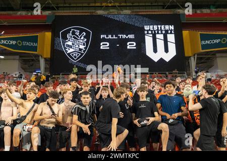 Brisbane, Australia. 23 febbraio 2024. Tifosi di Brisbane dopo l'Isuzu Ute A League match tra Brisbane Roar e Western United FC Foto Stock